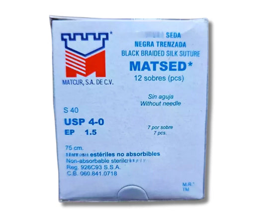Sutura Seda Negra 4-0, Sin aguja, Hebra 75 cm, Marca Matcur, Caja con 12 piezas
