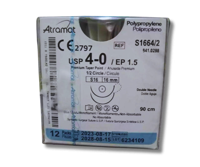 Sutura Polipropileno 4-0, Doble armado, Aguja 1/2 círculo ahusada 16 mm, Hebra 90 cm, Marca Atramat, Caja con 12 piezas