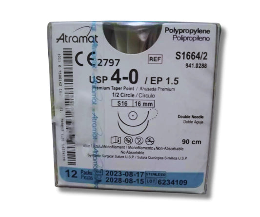 Sutura Polipropileno 4-0, Doble armado, Aguja 1/2 círculo ahusada 16 mm, Hebra 90 cm, Marca Atramat, Caja con 12 piezas