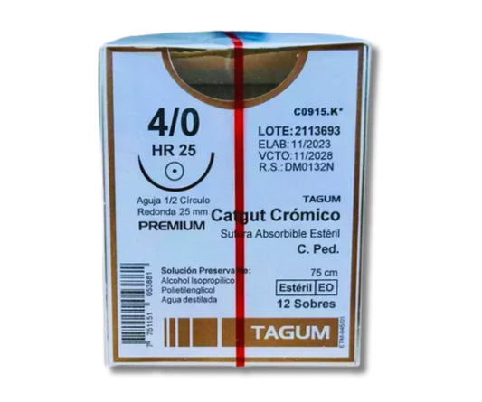 Sutura Catgut Crómico 4-0, Aguja 1/2 círculo redonda 25 mm, Hebra 75 cm, Marca TAGUM, Caja con 12 piezas