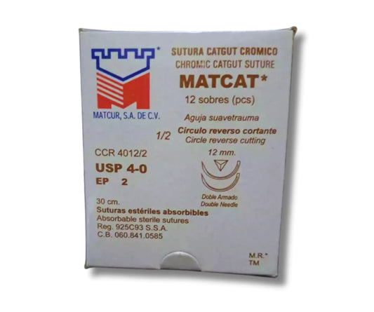Sutura Catgut Crómico 4-0, Doble armado, Aguja 1/2 círculo reverso cortante 12 mm, Hebra 30 cm, Marca Matcur, Caja con 12 piezas ( PARA PRACTICAS)