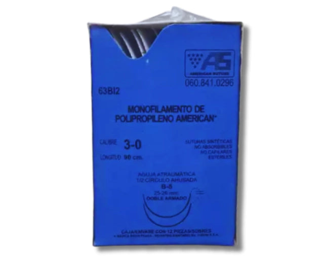 Sutura Polipropileno 3-0, Doble armado, Aguja 1/2 círculo ahusada 26 mm, Hebra 90 cm, Marca American Suture, Caja con 12 piezas