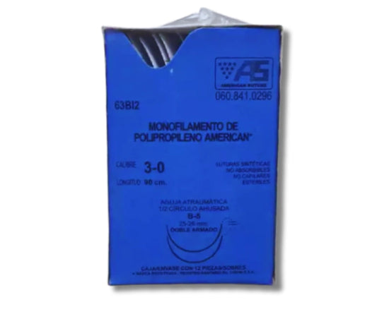 Sutura Polipropileno 3-0, Doble armado, Aguja 1/2 círculo ahusada 26 mm, Hebra 90 cm, Marca American Suture, Caja con 12 piezas