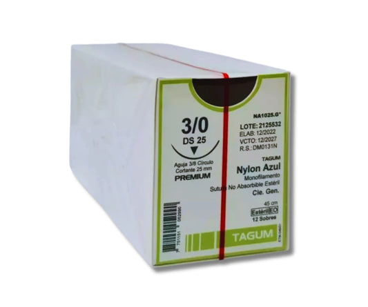 Sutura Nylon 3-0, Aguja 3/8 círculo cortante 25 mm, Hebra 45 cm, Marca TAGUM, Caja con 12 piezas