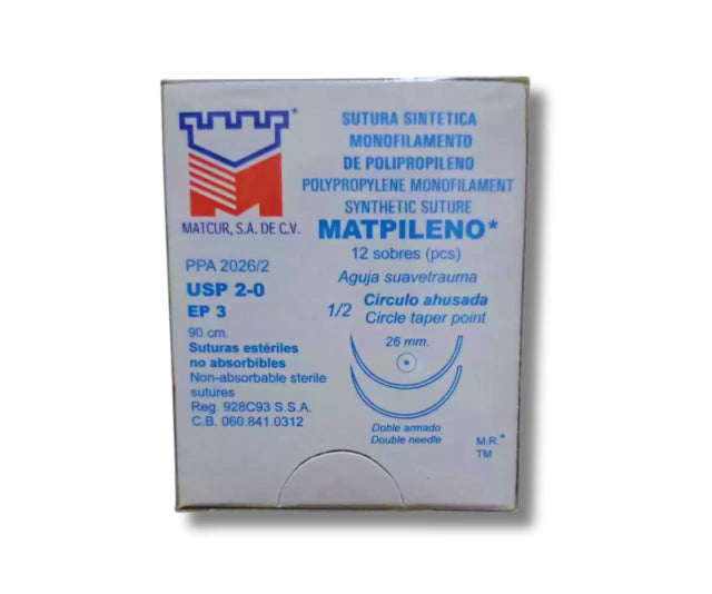 Sutura Polipropileno 2-0, Doble armado, Aguja 1/2 círculo ahusada 26 mm, Hebra 90 cm, Marca Matcur, Caja con 12 piezas