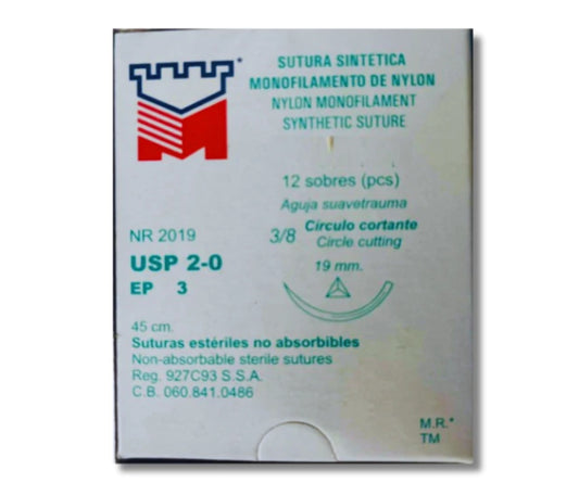Sutura Nylon 2-0, Aguja 3/8 círculo cortante 19 mm, Hebra 45 cm, Marca Matcur, Caja con 12 piezas