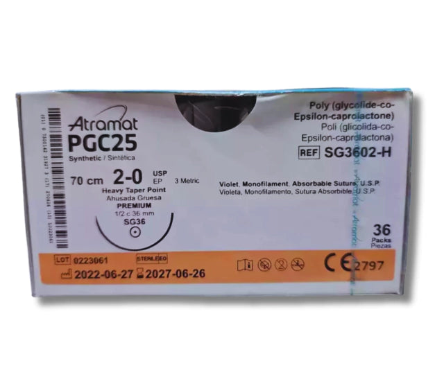 Sutura PGC25 2-0, Aguja 1/2 círculo ahusada gruesa 36 mm, Hebra 70 cm, Marca Atramat, Caja con 36 piezas