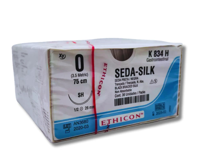 Sutura Seda 0, Aguja 1/2 círculo 26 mm, Hebra 75 cm, Marca Ethicon, Caja con 36 piezas