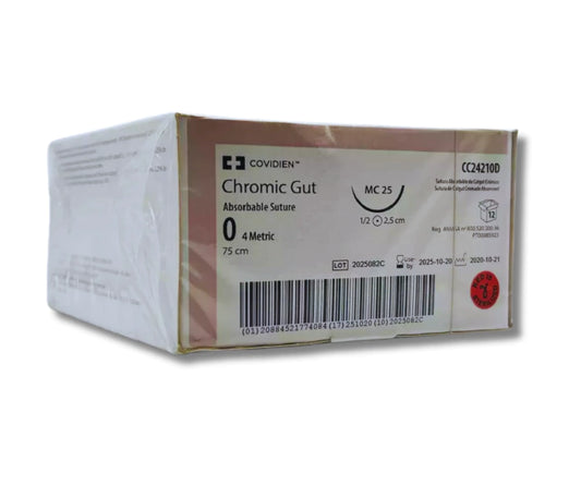 Sutura Catgut Crómico 0, Aguja 1/2 círculo ahusada 25 mm, Hebra 75 cm, Marca Covidien, Caja con 12 piezas