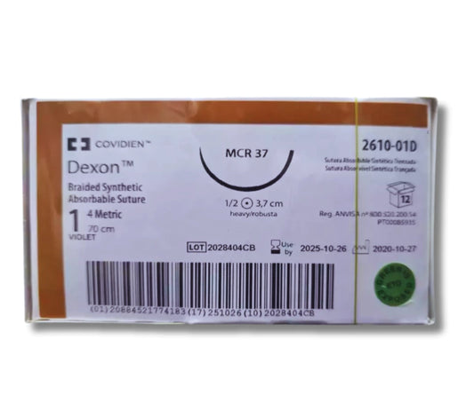 Sutura dexon 1, Aguja ahusada 37 mm 1/2 círculo, Hebra 70 cm, Marca Covidien, Caja con 12 piezas REF:2610-01D