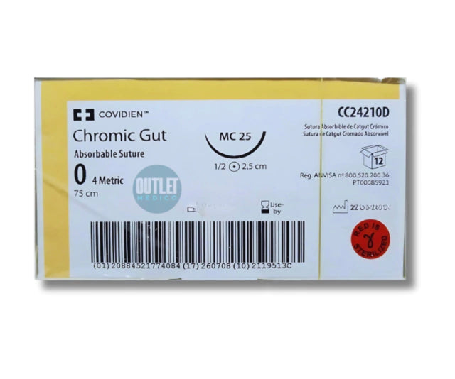 Sutura Catgut Crómico 0, Aguja ahusada 25 mm, Hebra 75 cm, Marca Covidien,CAJA CON 12 PIEZAS