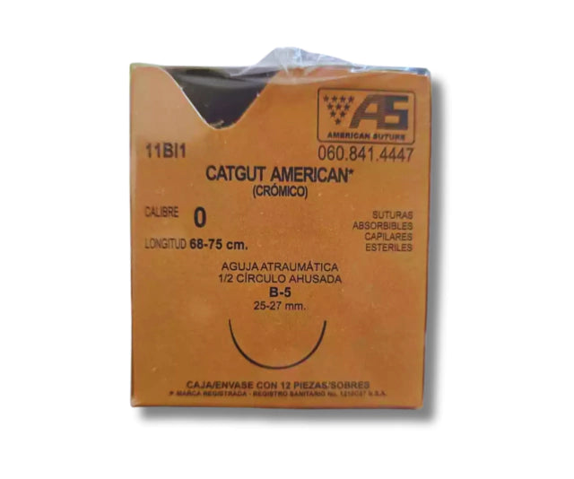 Sutura Catgut Crómico 0, Aguja 1/2 círculo ahusada regular 26 mm, Hebra 75 cm, Marca American Suture, Caja con 12 piezas