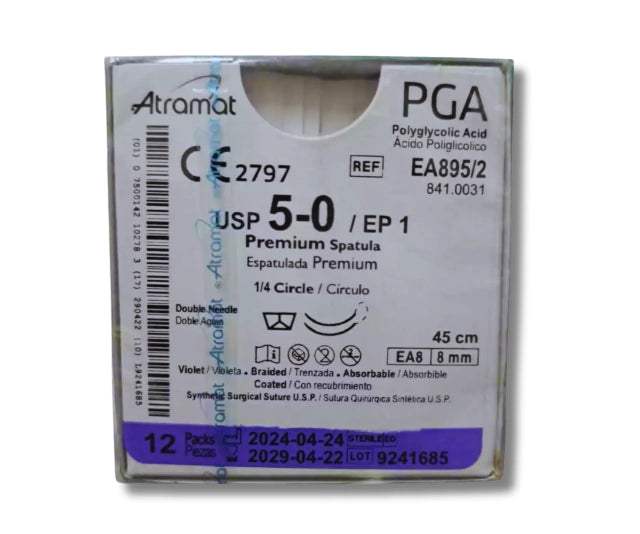 Sutura Ácido Poliglicólico 5-0, Doble armado, Aguja 1/4 círculo espatulada premium 8 mm, Hebra 45 cm, Marca Atramat, Caja con 12 piezas