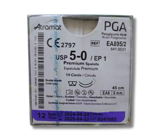 Sutura Ácido Poliglicólico 5-0, Doble armado, Aguja 1/4 círculo espatulada premium 8 mm, Hebra 45 cm, Marca Atramat, Caja con 12 piezas