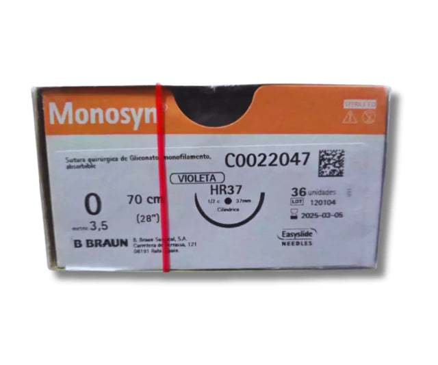 Sutura Monosyn (Gliconato) 0, Aguja HR37 ahusada 1/2 círculo, Hebra 70 cm, Caja con 1 pieza