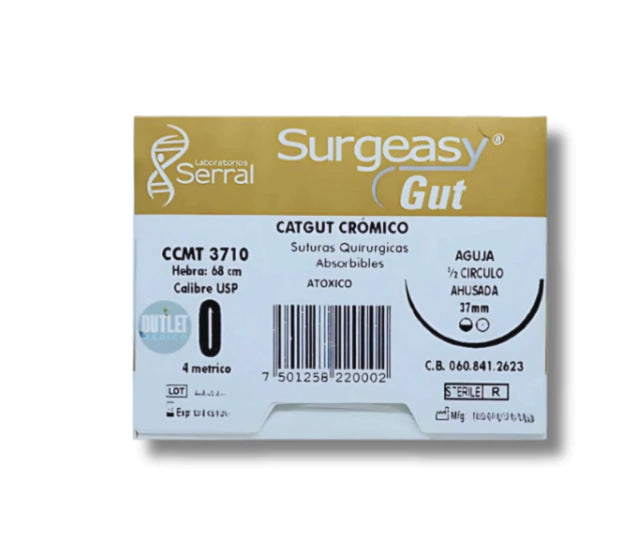 Sutura Catgut Crómico 0, Aguja 1/2 círculo ahusada 37 mm, Hebra 68 cm, Marca Surgeasy, Caja con 12 piezas
