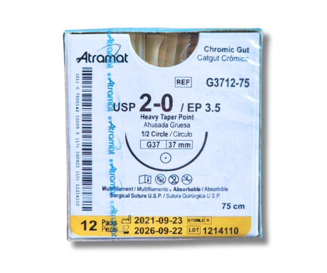 Sutura Catgut Crómico 2-0, Aguja 1/2 círculo ahusada gruesa 37 mm, Hebra 75 cm, Marca Atramat, Caja con 12 piezas