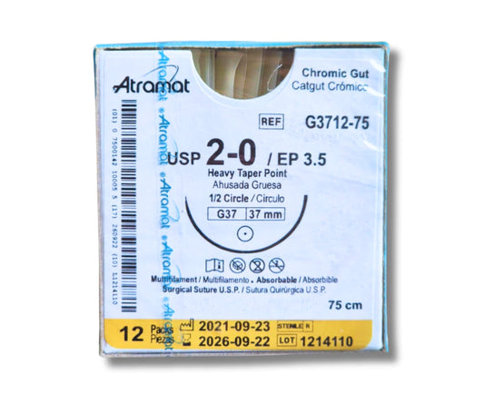 Sutura Catgut Crómico 2-0, Aguja 1/2 círculo ahusada gruesa 37 mm, Hebra 75 cm, Marca Atramat, Caja con 12 piezas