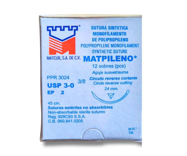 Sutura Polipropileno 3-0, Aguja 3/8 círculo reverso cortante 24 mm, Hebra 45 cm, Marca Matcur, Caja con 12 piezas