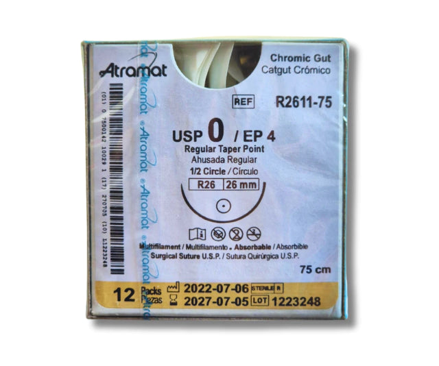 Sutura Catgut Crómico 0, Aguja 1/2 círculo ahusada regular 26 mm, Hebra 75 cm, Marca Atramat, Caja con 12 piezas