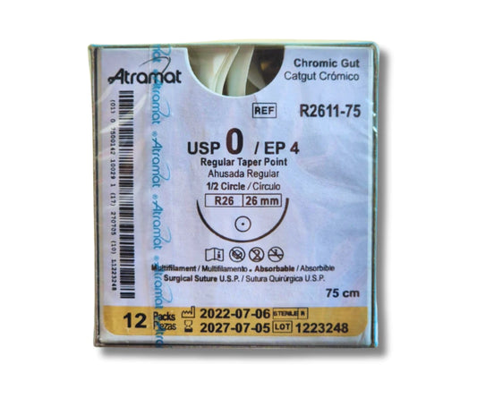 Sutura Catgut Crómico 0, Aguja 1/2 círculo ahusada regular 26 mm, Hebra 75 cm, Marca Atramat, Caja con 12 piezas