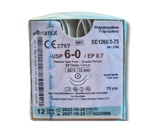 Sutura Polipropileno 6-0, Doble armado, Aguja 3/8 círculo ahusada premium 12 mm, Hebra 75 cm, Marca Atramat, Caja con 12 piezas