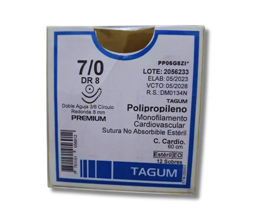Sutura Polipropileno 7-0, Doble armado, Aguja 3/8 círculo redonda 8 mm, Hebra 60 cm, Marca TAGUM, Caja con 12 piezas