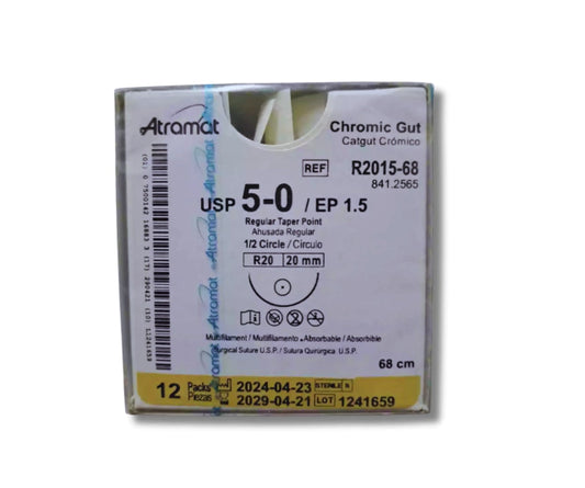 Sutura Catgut Crómico 5-0, Aguja 1/2 círculo ahusada regular 20 mm, Hebra 68 cm, Marca Atramat, Caja con 12 piezas