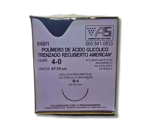 Sutura Ácido Poliglicólico 4-0, Aguja 1/2 círculo ahusada 26 mm, Hebra 70 cm, Marca American Suture, Caja con 12 piezas