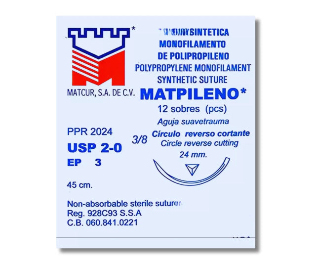 Sutura Polipropileno 2-0, Aguja 3/8 círculo reverso cortante 24 mm, Hebra 45 cm, Marca Matcur, Caja con 12 piezas