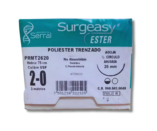 Sutura Poliéster Trenzado 2-0, Aguja 1/2 círculo ahusada 26 mm, Hebra 75 cm, Marca Surgeasy, Caja con 12 piezas