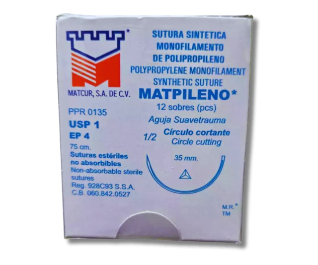 Sutura Polipropileno 1-0, Aguja 1/2 círculo cortante 35 mm, Hebra 75 cm, Marca Matcur, Caja con 12 piezas