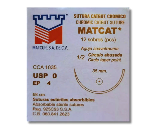 Sutura Catgut Crómico 0, Aguja suave trauma 1/2 círculo 35 mm, Hebra 68 cm, Marca Matcur, Caja con 12 piezas