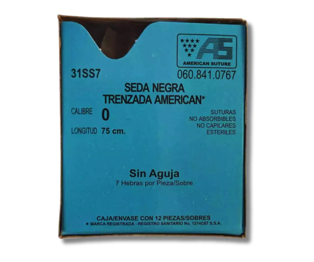 Sutura Seda Negra Trenzada 0, Sin aguja, Hebra 75 cm, Marca American Suture, Caja con 12 piezas