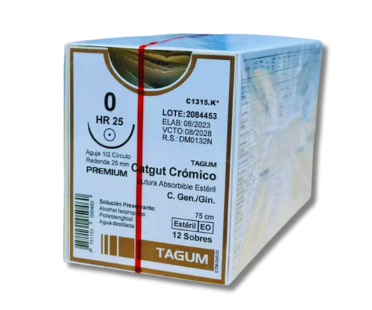 Sutura Catgut Crómico 0, Aguja 1/2 círculo redonda ahusada 25 mm, Hebra 75 cm, Marca TAGUM, Caja con 12 piezas