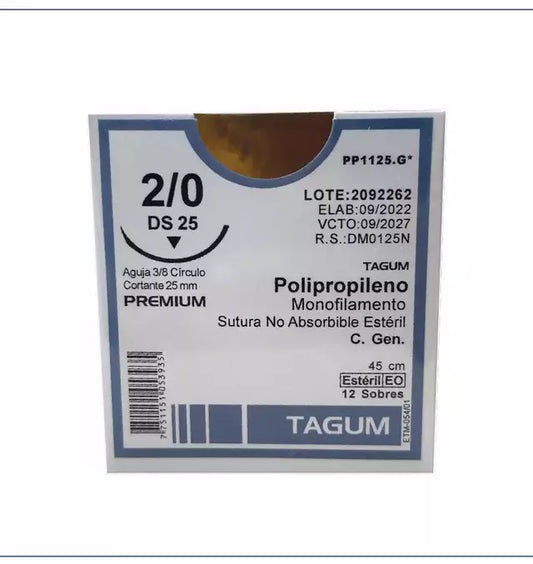Sutura Polipropileno 2-0, Aguja 3/8 círculo cortante 25 mm, Hebra 45 cm, Marca TAGUM, Caja con 12 piezas