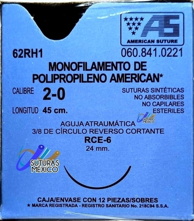 Sutura Polipropileno 2-0, Aguja 3/8 círculo reverso cortante 24 mm, Hebra 45 cm, Marca American Suture, Caja con 12 piezas